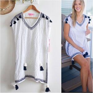 Simply Southern Swiss Dot Tassel Dress Cover-Up Navy White V-Neck Size L NWT